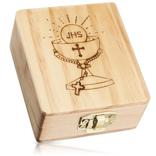 Menkxi First Communion Jewelry Box 2.8 x 3.2 x 1.4 Inch Wooden Religious Keepsake Boxes Catholic First Holy Communion Gifts for Beads Jewelry Keepsake Mementos