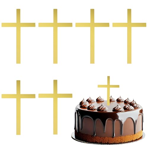 ONLYKXY 6pcs Gold Big Cross Cake Side Decor Acrylic Cross Cupcake Topper Glitter Pick for Theme Party Craft DIY Bless Wedding Bridal Shower Christmas Hallowmas Birthday Baptism 3.14x5.5in