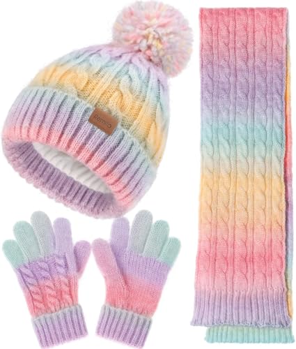 Kids Winter Hat Scarf Gloves Set Girls Boys Toddler 8% Wool Warm Fleece Lined Pom Pom Beanie Hat Knit Neck Scarf Soft Thick Mittens Gloves for Cold Weather 3 In 1 Birthday Christmas Gift for Children