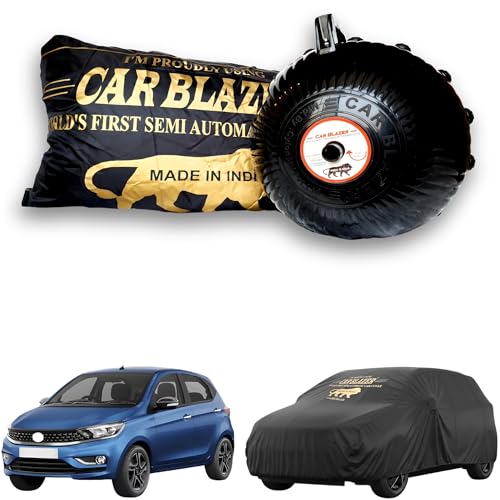 Image of CARBLAZER Portable & Semi-Automatic Full Body Car Covers: Heavy Duty Device| Anti-Theft| Dust & Scratch Proof | Water & Wind Resistant|Custom Fit| Dual-Side Cover, Compatible for Tata Tiago