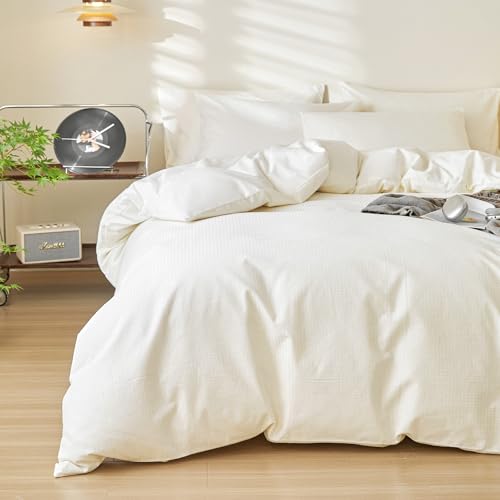 DCSKY Duvet Cover Full, 100% Cotton Waffle Weave Duvet Covers, Zipper Closure, 3pcs with 2 Pillow Shams for All Season, No Comforter (80x90) White