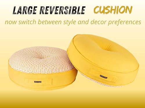 Image of Reversible 50x50x10 cm Woven Quilted Yellow Floor Cushion with Cotton Filler for Seating, Patio Seat, Meditation, Yoga, Pooja, Guests, Living Room, Bedroom, Large Size 20x20x4 Inch