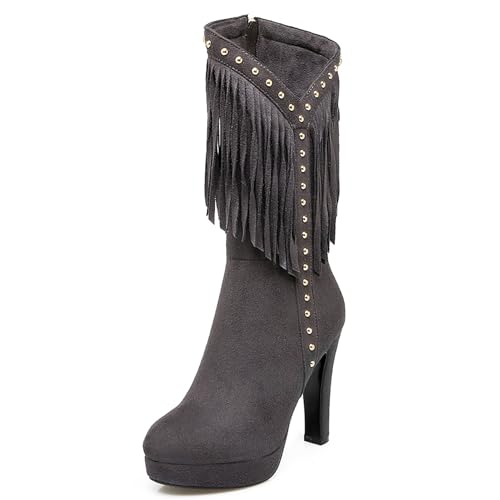 Bottes franges mi-mollet femme suède noir marron talon bloc tendance automne