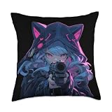 Cute Neko Anime Girl Assassin - Kawaii anime cat lover meow Throw Pillow