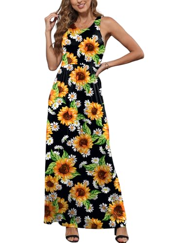 Image of EUOVMY Women's Sleeveless Dress Casual Plain Loose Summer Long Maxi Dresses with Pockets