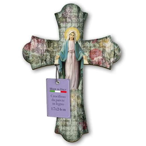 Fratelli Bonella Crucifix mural en bois vintage représentant Notre-Dame-de-la-Médaille-Miraculeuse, 17 x 24 cm, fabriqué en Italie