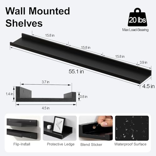 Image of Black Floating Shelves for Wall Decor, 56 in Shelf with Lip Set of 2 | 4.5 inch Deep Display Picture Ledge Shelf, Long Wall Mounted Storage Shelves for Bedroom, Bathroom, Living Room, Kitchen, Nursery