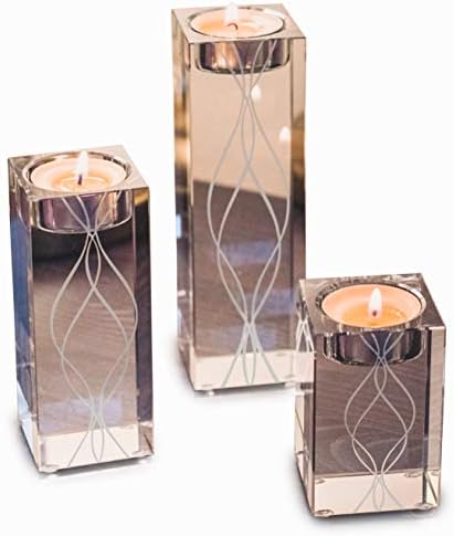 OVLUXE Large Crystal Candle Holders Set of 3, Heavy Solid Square Tea Light Holder Table Centerpieces for Home Decoration Wedding Décor. Ideal for Gift
