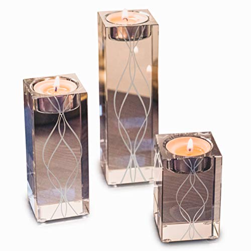 OVLUXE Large Crystal Candle Holders Set of 3, Heavy Solid Square Tea Light Holder Table Centerpieces for Home Decoration Wedding Décor. Ideal for Gift
