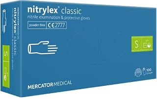 Mercator Medical Rękawice nitrylowe, bez talku, jednorazowe, Nitrylex Classic, rozmiar: S - 100 sztuk, teksturowane końcówki palców, bezlateksowe rękawiczki jednorazowe, rękawiczki nitrylowe, niebieskie