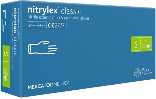 Mercator Medical Rękawice nitrylowe, bez talku, jednorazowe, Nitrylex Classic, rozmiar: S - 100 sztuk, teksturowane końcówki palców, bezlateksowe rękawiczki jednorazowe, rękawiczki nitrylowe, niebieskie
