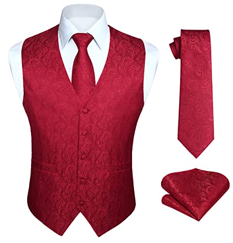 HISDERN Chaleco Hombre Vestir Rojo Paisley Boda Chaleco y Corbata y Pañuelo de Jacquard Floral Chalecos Traje Hombre Elegantes Fiesta L