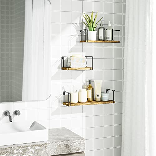 Sriwatana Rustic Floating Shelves, Hanging Shelves Wall Mount Set Of 3, 17 Inch Wood Shelves For Decor, Bedroom, Bathroom, Laundry Room, Living Room, Kitchen, Office - Carbonized Black #TOP3