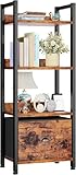 MXDESIKU Estantería Alta de 4 Niveles con Cajón, Librero Estilo Industrial con Acabado Rústico, Mueble Organizador para...