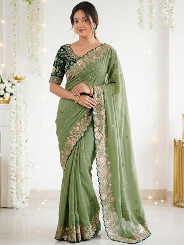 Image of SIRIL Women's Shimmer Georgette Scalloped Border Sequins Embroidery Saree with Unstitched Blouse Piece