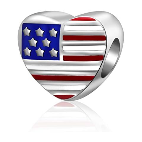 Patriotic Proud American USA Flag Charms 925 Sterling Silver Enamel Travel Country Bead (Heart) Cover