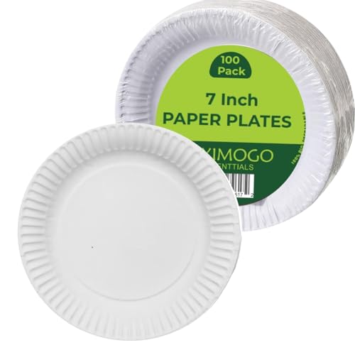 XIMOGO 7inch-Pack of 100-Paper Plates-Disposable Plates-Heavy Duty White Plates - Biodegradeable Tableware-Premium Quality Plates for Hot and Cold Food Ideal for Birthdays,Weddings&Outdoor Parties