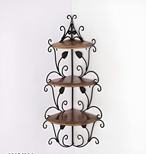 Image of Wooden handicrafts Wooden Stylish Wall Rack Shelves Set of Wall Shelves MDF -Medium Density Fiber Home Decoration Wall Decor (Brown Corner, Wooden Iron 3)