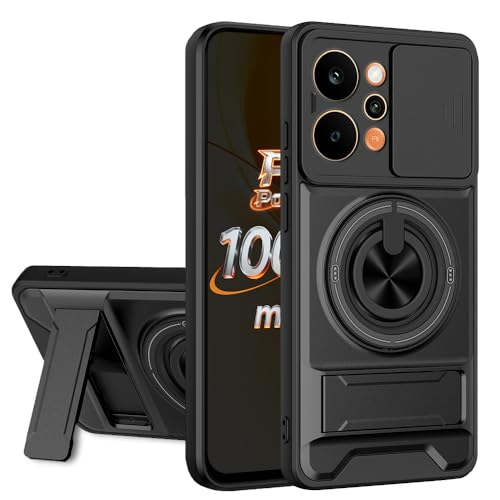 Image of AESTMO Realme P4 Power 5G Back Cover | Armor Camera Slider 360 Degree Rotating Finger Ring Holder Case with Bracket Stand & Camera Protection Back Case Cover for Realme P4 Power 5G (Black)