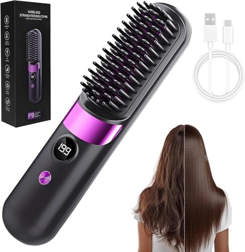 Glättbürste Kabellos Haarbürste Elektrisch Damen Stylingbürste für Kurze Langes Haare Haarglätter Bürste Tragbare mit 4 Wärmestufen Hair Straightener für Reisen Täglichen Gebrauch