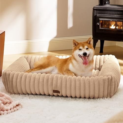 Image of Bedsure ComfyFleece Dog Beds Large Sized Dog Washable,36in Sandy Beige | Furry Big Rectangle Pet Beds,Cute Aesthetic,Orthopedic Corduroy Fleece,Removable Zipper Cover,Non-Slip Bottom,Up to 60 Lbs