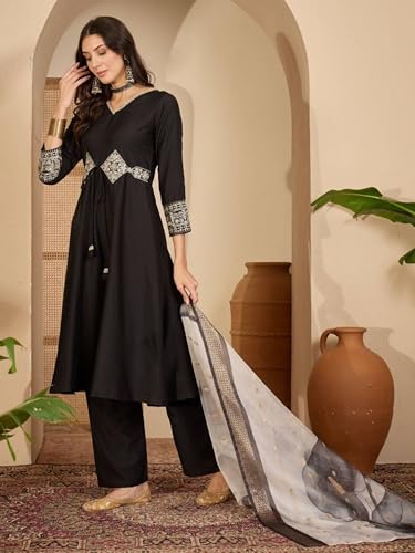 Image of EthnicJunction Women's Cotton Silk Embroidered Anarkali Kurta Palazzo with Digital Print Dupatta Set