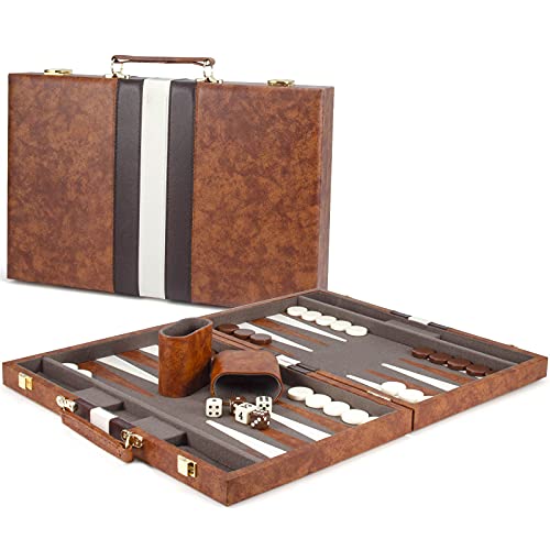 AMEROUS Backgammon Set, 15 Inches Classic Board Game with Leather Case, Folding Board, Gift Package, Portable Travel Strategy Backgammon Game Set for Adults, Kids (Medium, Brown) by AMEROUS - Image 2
