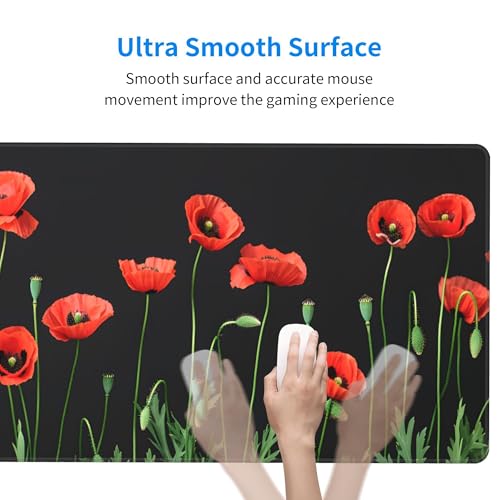 Image of Red Poppy Flowers Extended Gaming Mouse Pad, with Stitched Edges Large Mouse Pad Desk Protector, Rubber Base Mousepad Keyboard Mouses Mat for Work Game Office Home- 32 inch X 12 inch Inch