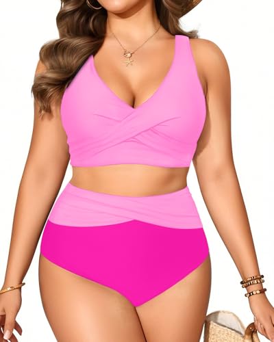 Tempt Me Pink Plus Size Two Piece Bikini - Women High Waisted Swimsuits Bathing Suit Swimwear 16 Plus