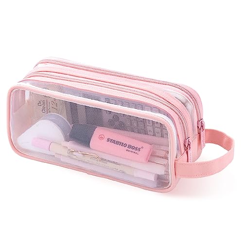 Image of Oyachic Clear Pencil Case,Grid Mesh Pencil Pouch,Pencil Bags with Double Zipper,Transparent Pencil Box for Aduts, Pink