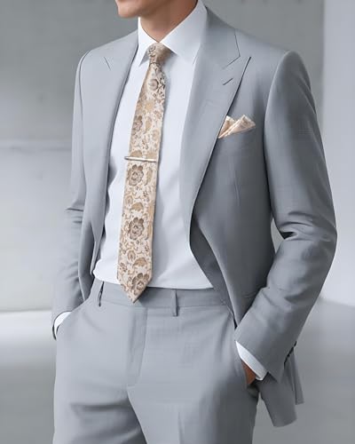 Image of DiBanGu Silk Floral Ties for Men Woven Paisley Necktie and Tie Clip Handkerchief Cufflinks Set for Party Wedding