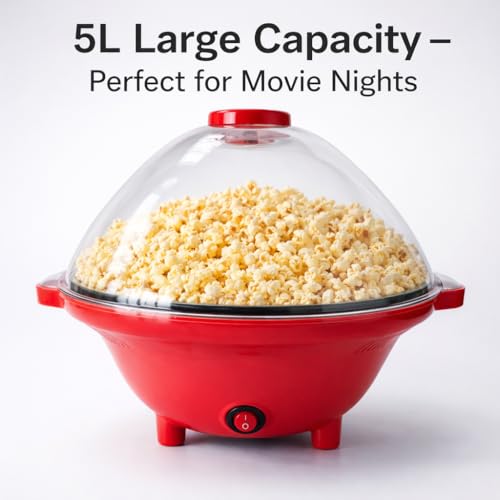 Image of VINSU Hot Air Popcorn Maker Machine 500W Electric Popcorn Popper 5L Large Capacity Oil Free Popcorn Machine with Transparent Dome Lid Cyclonic Air Flow Technology One Button Operation for Home Kitchen