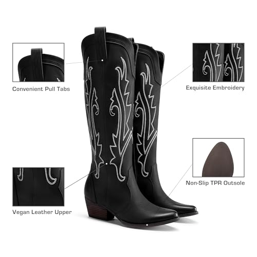 DREAM PAIRS Womens Cowboy Knee High Boots Comfortable Pull On Side Zipper Chunky Heel Embroidered Western Cowgirl Boots Retro Tall Boot,Size 8,Black,DWUMKB2501