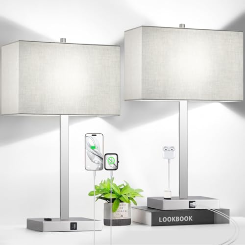 Image of Lynnoland 21 inch Set of 2 Table lamp with USB A+C & AC Outlets, Touch Control 3-Way Dimmable Nightstand Lamps for Bedroom Living Room Office Reading, Gray Shade Touch Lamps, 5000K LED Bulbs Included