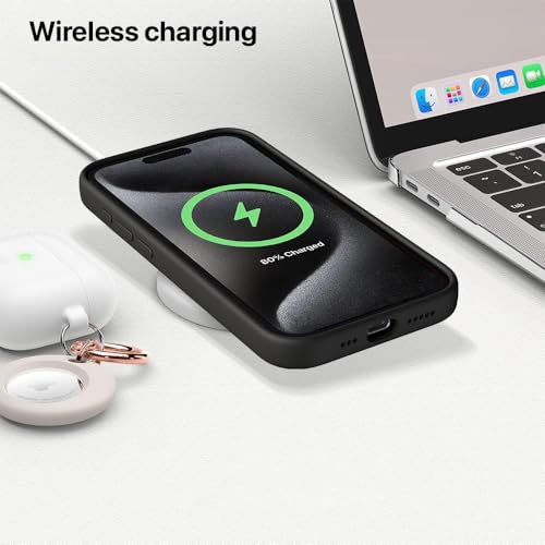 Image of eller sante Silicone Back Cover Case for iPhone 15 Pro Shockproof Scratch Resistant Slim Fit Protective Design Military-Grade Protection Support Mag-Safe Wireless Magnetic Charging- Black