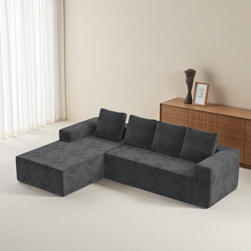 Sapgaks Canapé d'angle 4 Places, canapé 3 Places, canapé compressé modulaire avec méridienne en Forme de L, Pas de Montage nécessaire (Plus Tissu côtelé) (Gris)