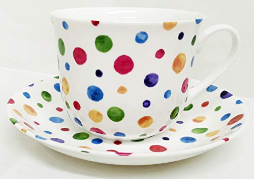 Polka Dot Painted Effect Breakfast Cup & Saucer Fine Bone China Jumbo Large Tea Coffee Cup & Saucer Hand Decorated in The UK