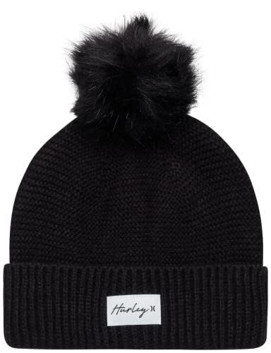 Hurley Women's Winter Hat - Candace Knit Roll Cuff Pom Beanie, Size One Size, Black #TOP9