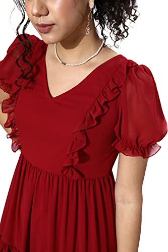 Image of Miss Chase Women's Maroon V-Neck Puff Sleeve Solid Tiered Ankle-Length Dress