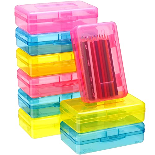 Image of Fainne 24 Pack Clear Plastic Pencil Box,Pink, Yellow, Blue | Stackable Organizer for School Supplies, Large Case for Crayons Markers, Snap-lid Keeps Stationery Secure, Bulk Set