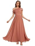 Ever Pretty Robe Demoiselle d'honneur Une Épaule Chiffon Longue Fluide pour Mariage Soirée Rose Corail 42