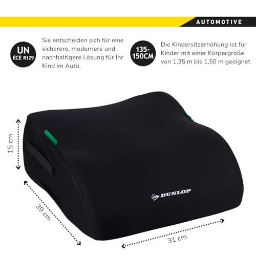 Dunlop Sitzerhöhung Auto Kinder Schwarz Kindersitzerhöhung ECE R129 - Ergonomischer Kindersitz Ab 3 Jahre - Kinderautositz Mit Waschbarem Bezug - Sitzkissen Auto Für Kinder 135-150 cm