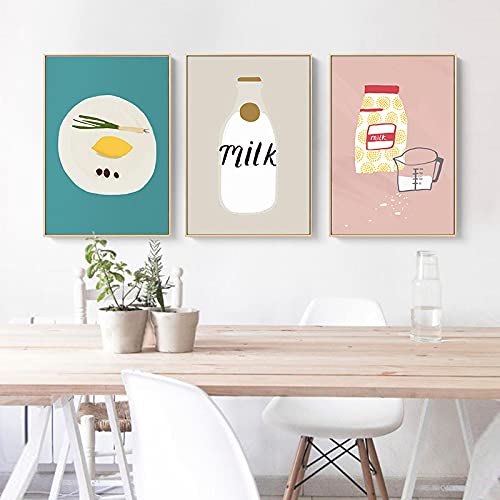 Cuisine toile peintures pain lait style scandinave déco maison lot de 3 toiles 50x70cm