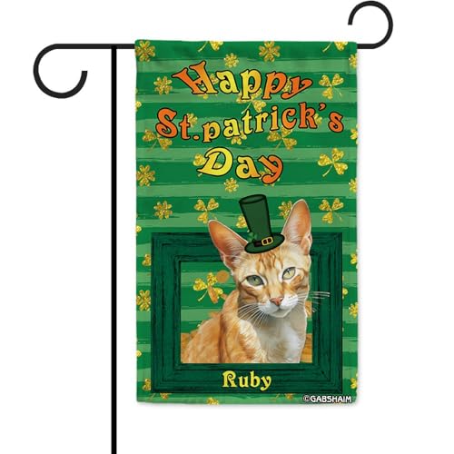 GABSHAIM Bandera de jardín con diseño de gato Bali feliz día de San Patricio, trébol, trébol, rayas verdes, decoración para patio, exterior, doble cara, 12.5 x 18 pulgadas