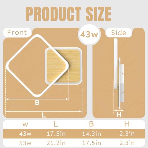 Modern Ceiling Light 21.2in Squares Spliced Bamboo Bedroom Lights for 3000-6000K Led Light Fixtures Ceiling Mount 53W Dimmable Ceiling Light with Remote Ceiling Lamps for Living Room Study - Image 6