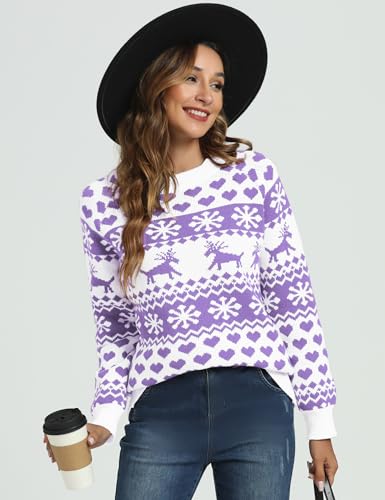 LYHNMW Women's Ugly Christmas Sweaters Snowflake Reindeer Long Sleeve Holiday Knit Xmas Sweater Pullover Tops2