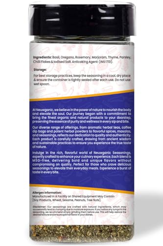 Neuwganic - Classic Italian Seasoning - Authentic Italian Herb Blend - Versatile Italian Powder for Pasta, Pizza, Salads & More - Including Oragano, Chilli Flakes, Thyme, Etc. - 50 Gm