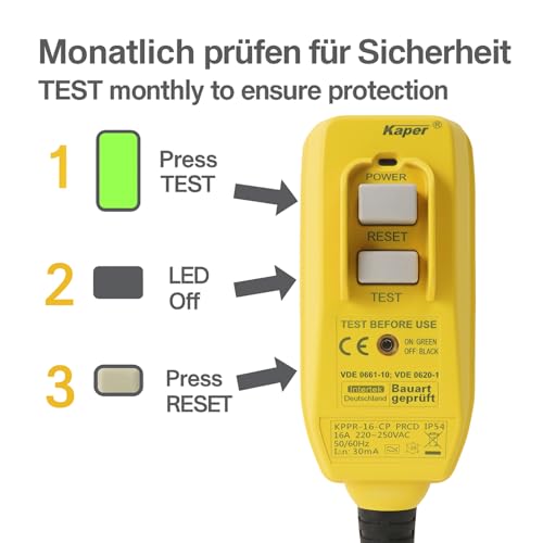 Kaper PRCD Personenschutzstecker, 16A 230V IP54, Tragbarer FI-Schutzschalter mit 30mA Auslösestrom, Wasserdicht für Baustelle, Garten, Camping und Werkstatt