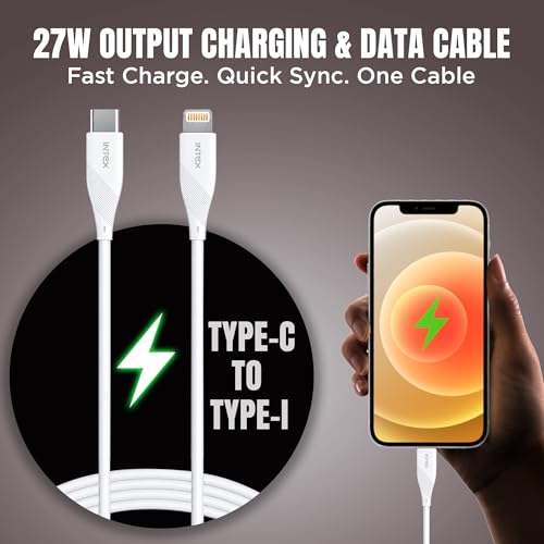 Image of Intex Speed Pro 27W Type-C to Lightning Fast Charging Cable with 480 Mbps Data Transfer, Tangle-Free Cable For iPhone 14,13, 12,11, 8, 7, 6, 5, Ipad, Macbook, Imac, Airpods and Other Devices - White