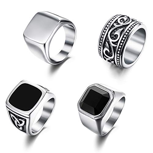 Finrezio 4Pcs Stainless Steel Rings for Men Vintage Biker Signet Ring Band Solid Polished Rings Set Size 8-12